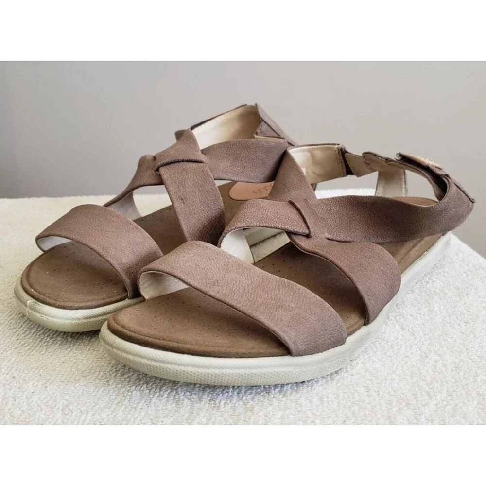 ECCO Sandals Womens Sz 8.5 Damara Casual Cross Strap Slip On Flats Brown Leather
